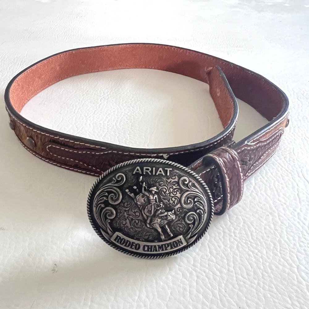 Ariat Belt Kids 28 Brown Rodeo Champion Trophy Buckle Studded Hair-On Western